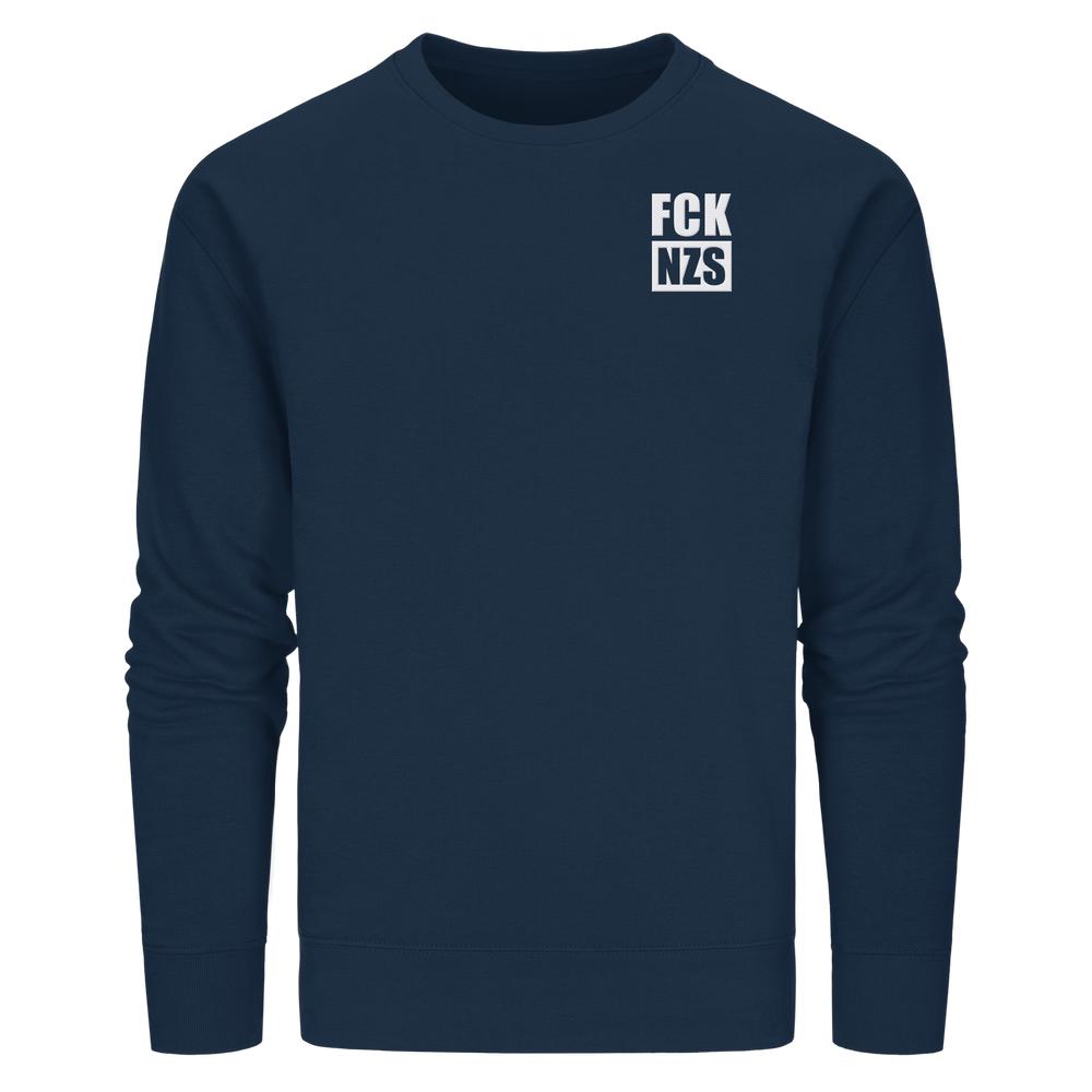 Vegan und Bio Sweatshirt bestickt: FCK NZS - Organic Basic Unisex Sweatshirt, navyblau mit kleinem weißen Druck FCK NZS, normaler Schnitt, nachhaltige Materialien.
