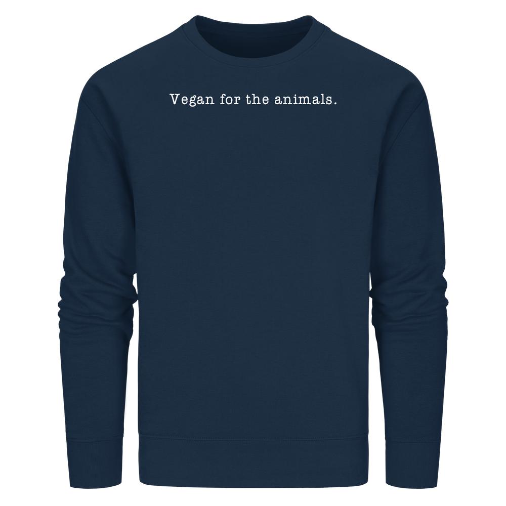Navy-blaues Unisex-Sweatshirt mit weißem Aufdruck Vegan for the animals, aus Biobaumwolle und recyceltem Polyester, normaler Schnitt, von RUDE REBEL.