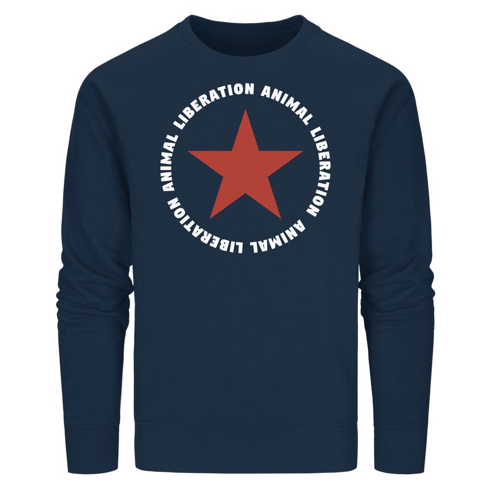 Vegan und Bio Unisex Sweatshirt: Red Star and Animal Liberation, navyblaues Sweatshirt mit rotem Stern und „ANIMAL LIBERATION“-Schriftzug, aus Bio-Baumwolle und recyceltem Polyester, normale Passform.
