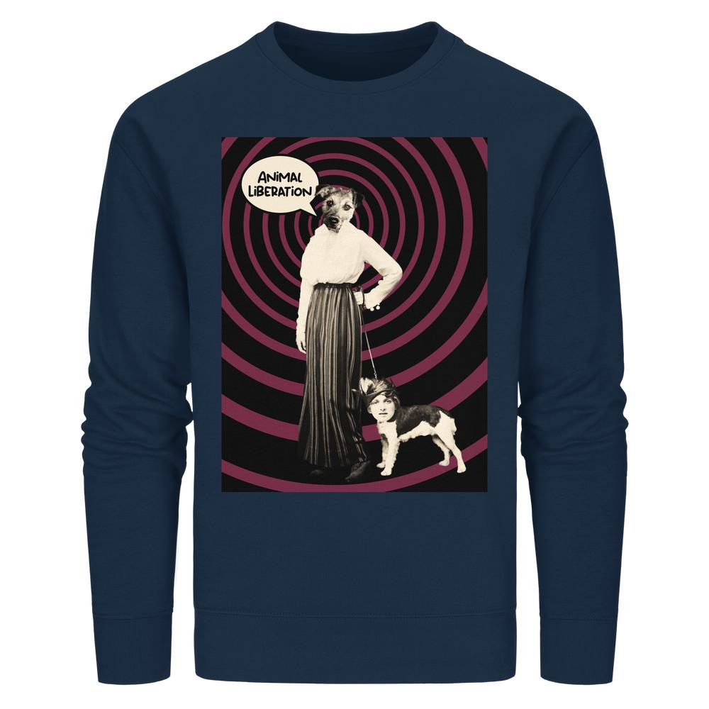 Vegan und Bio Unisex Sweatshirt: Upside Down - Animal Liberation mit surrealistischem Collagenprint zeigt eine Mensch-Hund-Figur und Spiralhintergrund, inspiriert von Tierrechtsgedanken.