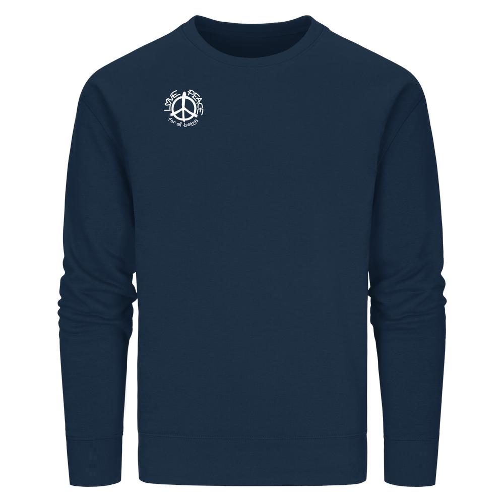 Vegan und Bio Unisex Sweatshirt: LOVE and PEACE for all beings, navy-blau mit kleinem, weißem Peace-Symbol und Schriftzug auf der Brust, nachhaltiges Design von RUDE REBEL.