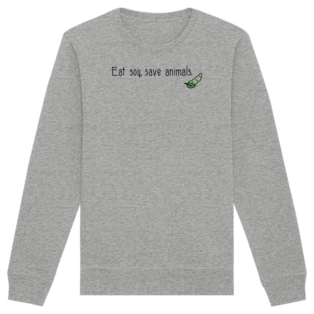 Vegan und Bio Unisex Sweatshirt mit Aufdruck „Eat soy, save animals.“, hellgrau, Cartoon-Sojabohne; nachhaltiges Design von RUDE REBEL, ideal für Tier- und Umweltschützer.
