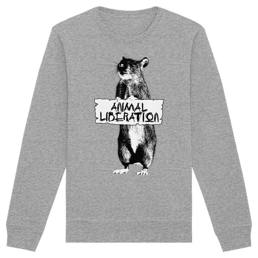 Veganes und Bio Unisex Sweatshirt: Rat for Animal Liberation zeigt eine Ratte mit ANIMAL LIBERATION-Schild, inspiriert von Banksy's Street Art, auf grau meliertem Langarmshirt.