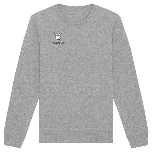 Heather-graues Unisex-Sweatshirt, lange Ärmel, mit kleinem weißen Hasenkopf und rotem Herz auf der Brust, crueltyfree darunter. Veganes und biologisches Material.