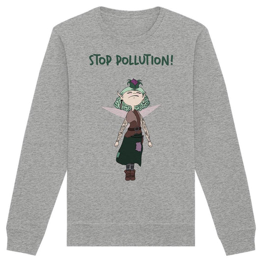 Vegan und Bio Unisex Sweatshirt: STOP POLLUTION! - Krawall Fee, zeigt eine Cartoonfee mit grünen Haaren, pinken Flügeln, trägt grüne Patchwork-Rock und braune Stiefel.