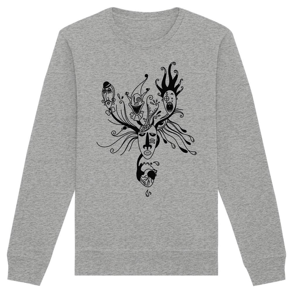 Vegan und Bio Unisex Sweatshirt mit surrealem Druck: Maske mit abstrakten Figuren und anatomischem Herz. Nachhaltiges RUDE REBEL Design, inspiriert von Mental Health-Themen.