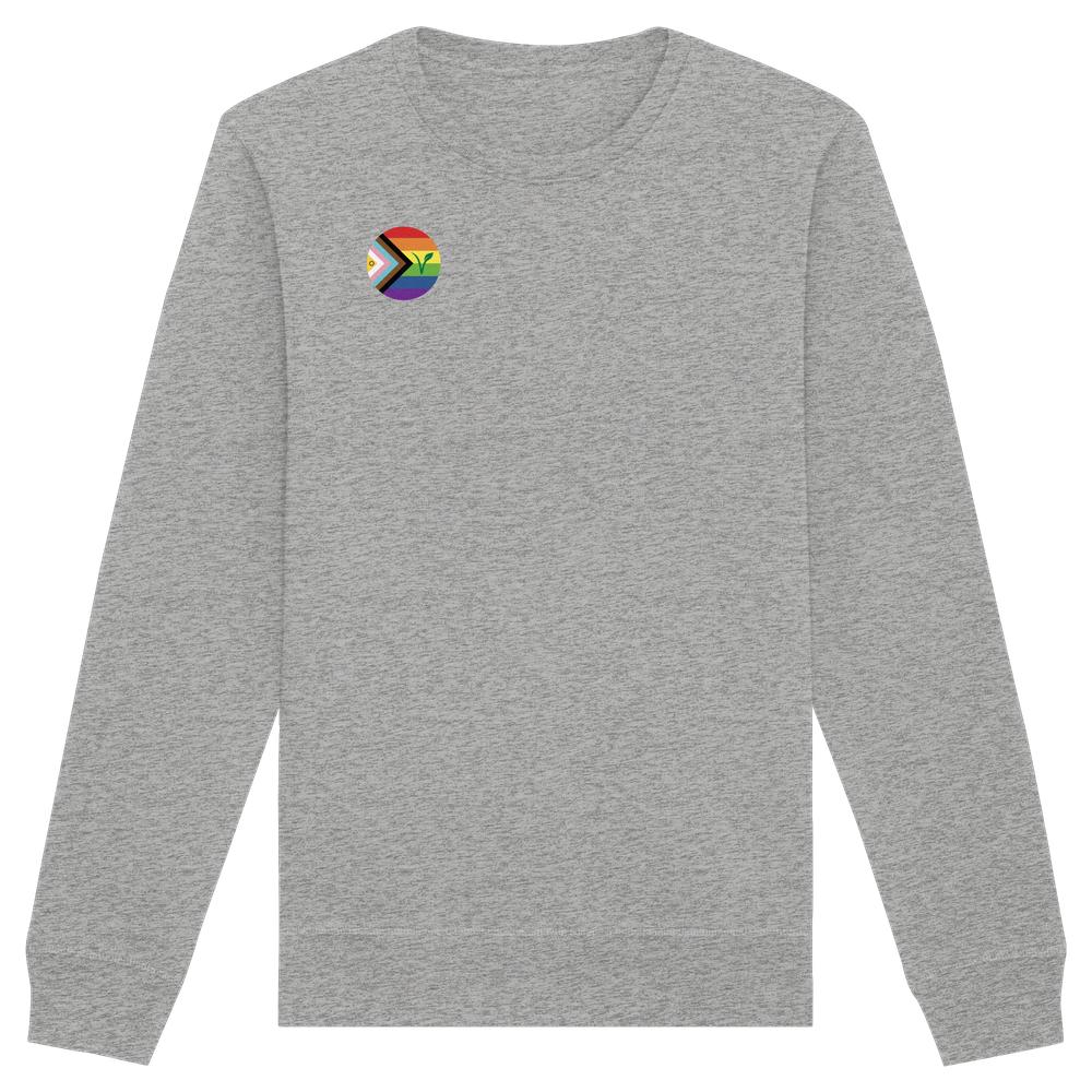 Heather-graues Langarm-Sweatshirt mit LGBTIA+ VEGAN-Logo auf der Brust, das Regenbogenfarben und ein grünes V für Veganismus integriert.