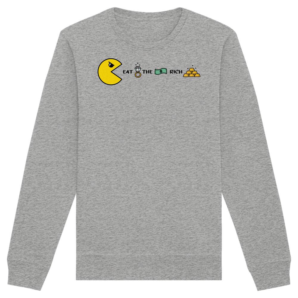 Vegan und Bio Unisex Sweatshirt: PAC-MAN - Eat the rich, graues Langarm-Sweatshirt mit EAT THE RICH-Grafik, inspiriert von Pac-Man, aus Bio-Baumwolle und recyceltem Polyester.