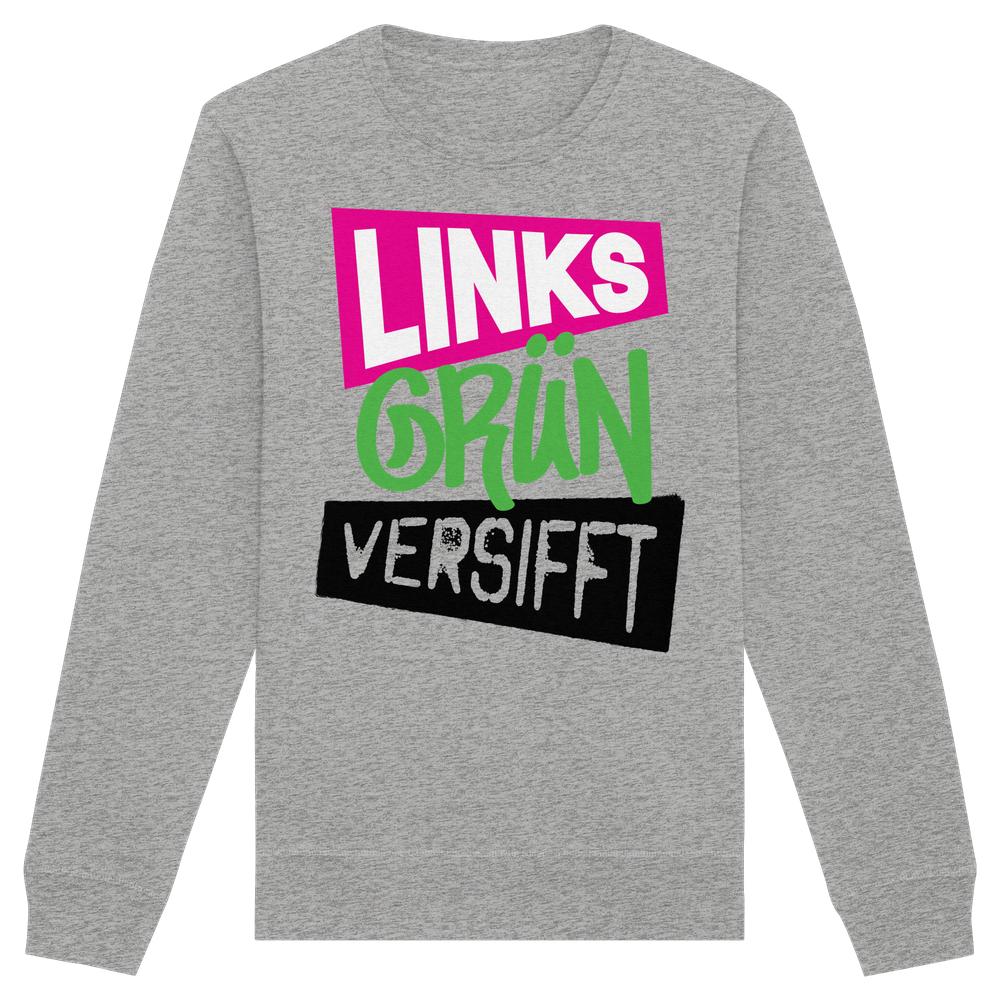 Heather-graues Unisex-Sweatshirt mit Grafik-Print LINKS GRÜN VERSIFFT in kräftigen Farben, inspiriert von Streetwear. Nachhaltige Materialien, normaler Schnitt, von RUDE REBEL.