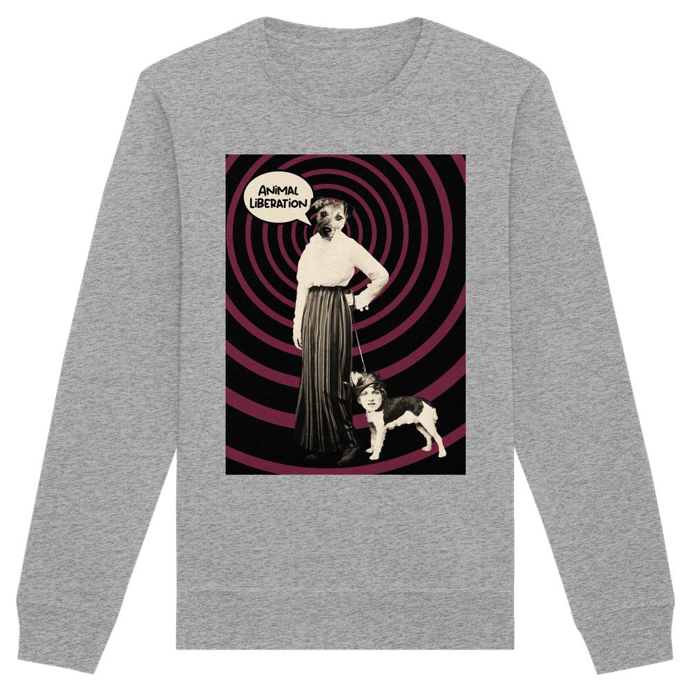 Vegan und Bio Unisex Sweatshirt: Upside Down - Animal Liberation, heather-grau, mit surrealem Vintage-Design, das Tierrechte thematisiert. Hergestellt aus Bio-Baumwolle und recyceltem Polyester.