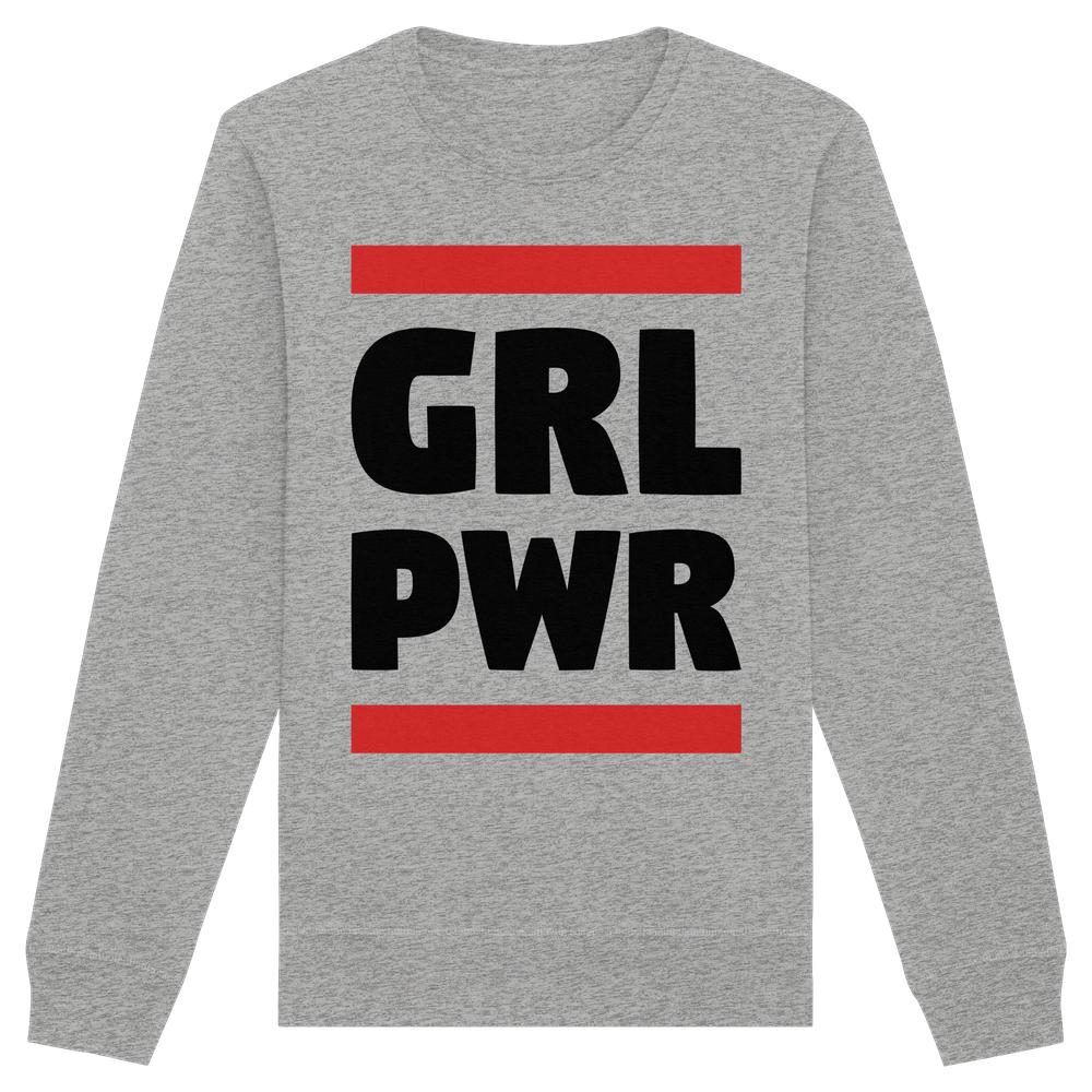 Heather-graues Bio-Unisex-Sweatshirt mit GRL PWR-Slogan in schwarzen Buchstaben und roten Balken, verkörpert feministische Botschaft von RUDE REBEL.