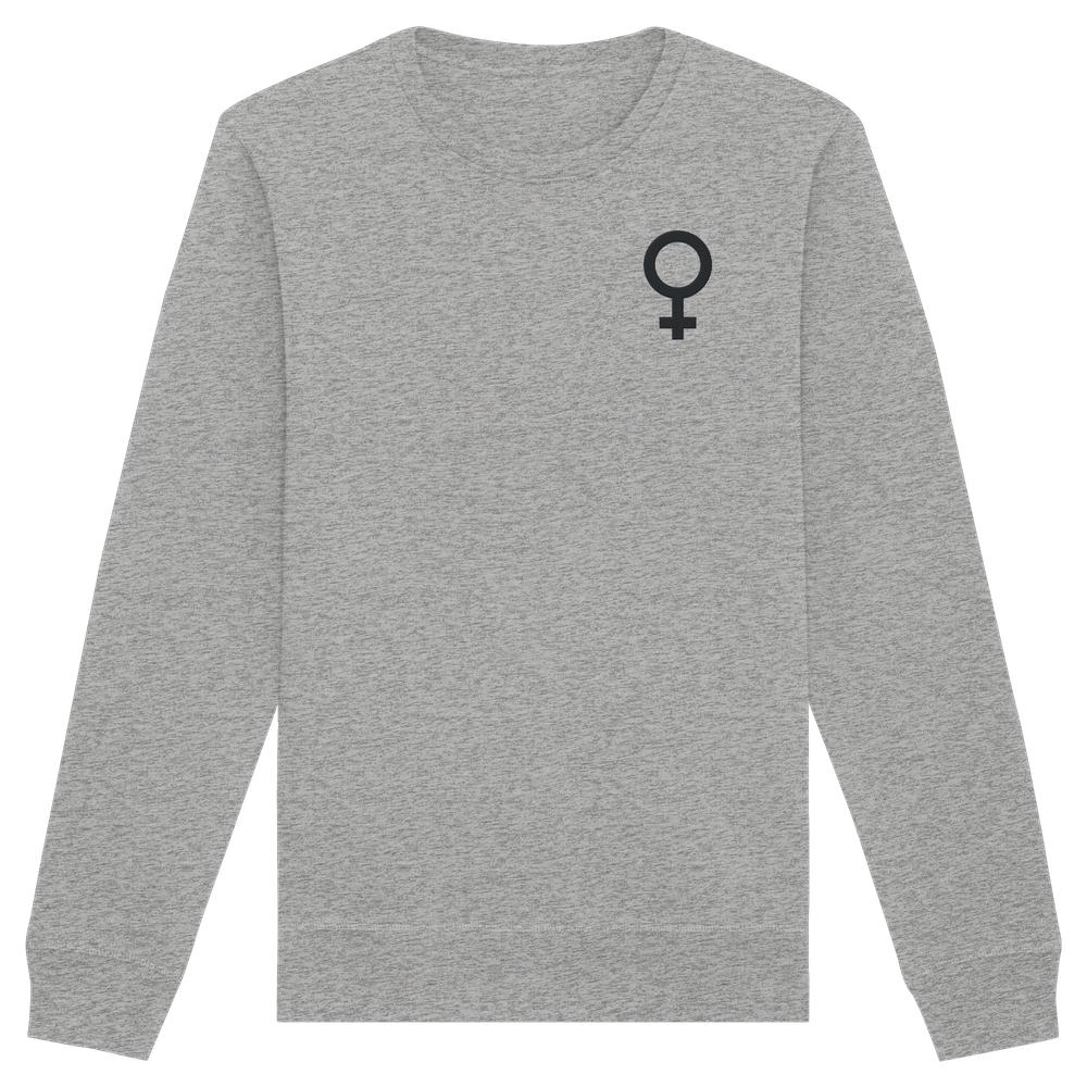 Heather-graues, langärmeliges Bio-Sweatshirt mit Venus-Symbol auf der Brust, verkörpert den feministischen Kampf von RUDE REBEL, gefertigt aus Bio-Baumwolle und recyceltem Polyester.