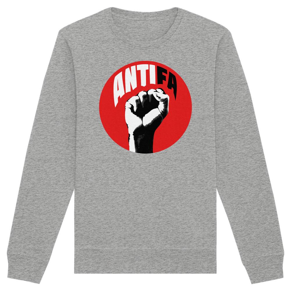 Graues Unisex-Sweatshirt mit rotem Kreis, stilisierter schwarz-weißer Faust und ANTIFA Schriftzug, symbolisiert Widerstand gegen Rechts, aus veganen und nachhaltigen Materialien von RUDE REBEL.