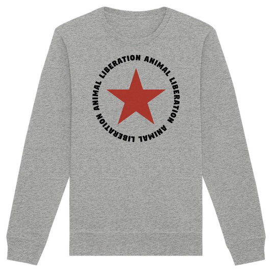 Vegan und Bio Unisex Sweatshirt: Red Star and Animal Liberation, light-graues Sweatshirt mit rotem Stern, umgeben von „ANIMAL LIBERATION“-Schriftzug, aus Bio-Baumwolle und recyceltem Polyester.