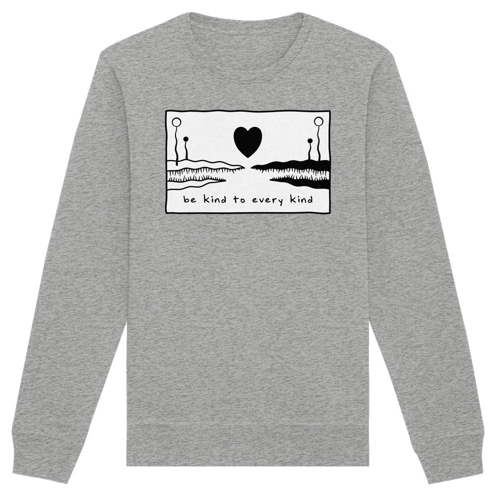 Vegan und Bio Unisex Sweatshirt: Be kind to every kind, mit abstrakten Kreaturen und Herz-Motiv, aus Bio-Baumwolle und recyceltem Polyester, normaler Schnitt, von RUDE REBEL.