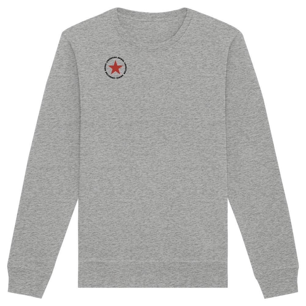 Vegan und Bio Unisex Sweatshirt: Red Star - Animal Liberation, hellgrau, langärmelig, mit rotem Stern und Text auf der Brust, aus Bio-Baumwolle und recyceltem Polyester.