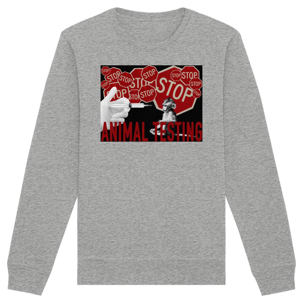 Vegan und Bio Unisex Side Pocket Hoodie: STOP ANIMAL TESTING! zeigt Anti-Tierversuchs-Design mit Stoppschildern, Spritze und Affe, aus Bio-Baumwolle und recyceltem Polyester.