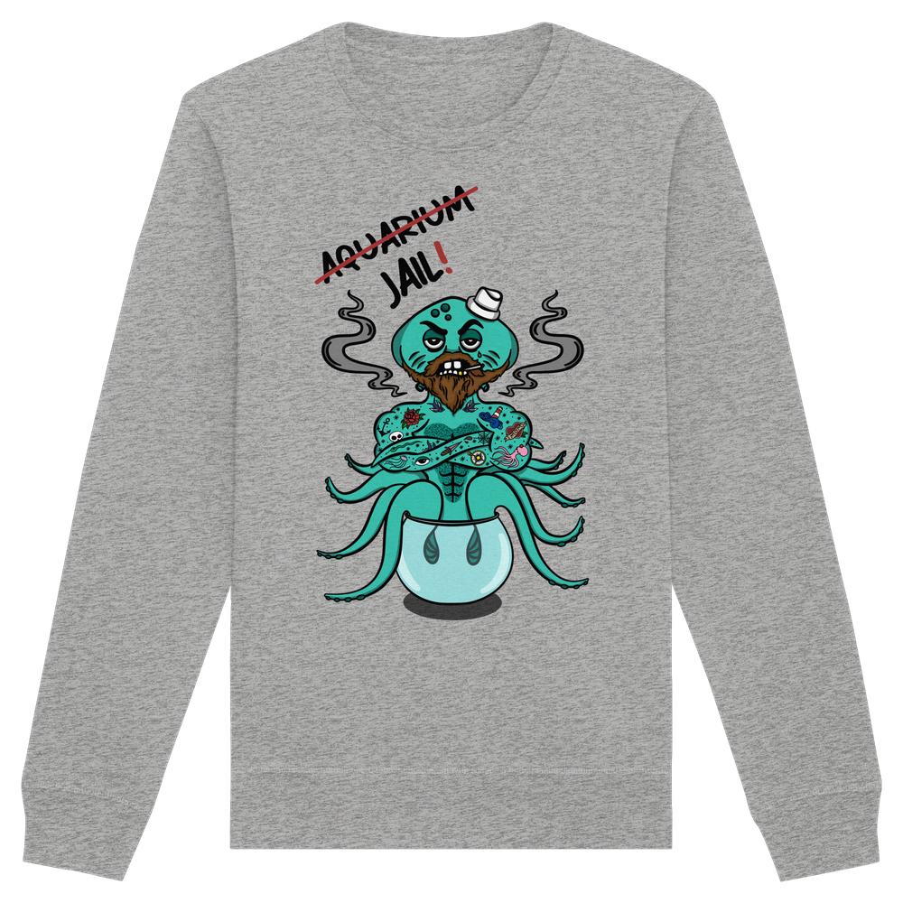 Heathergraues Unisex-Sweatshirt mit grimmigem, tätowiertem Oktopus-Karton, das Aquarium=Jail! humorvoll betont und Tierrechtsbotschaft von RUDE REBEL verkörpert.