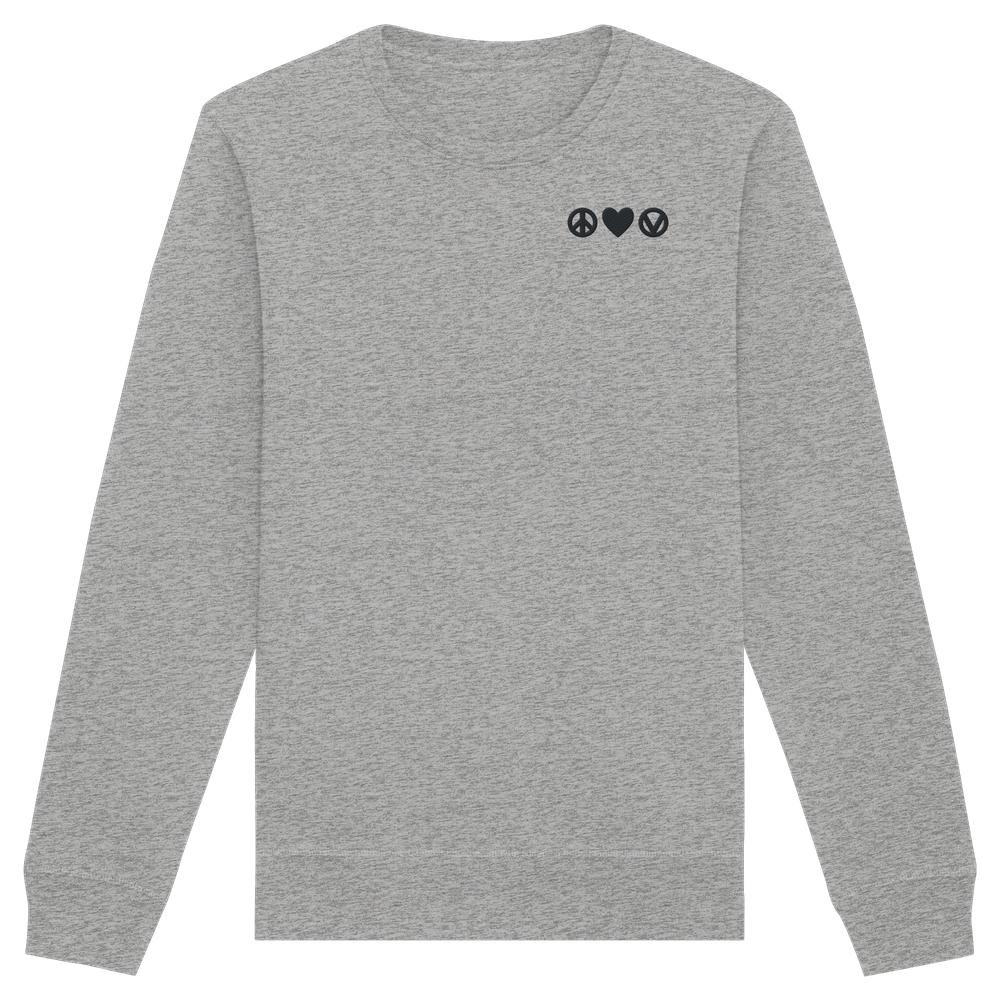 Vegan und Bio Sweatshirt bestickt: Peace - Love - Veganism; graues Langarmshirt mit schwarzen Symbolen für Frieden, Liebe und Veganismus auf der Brust. Nachhaltiges Design von RUDE REBEL.