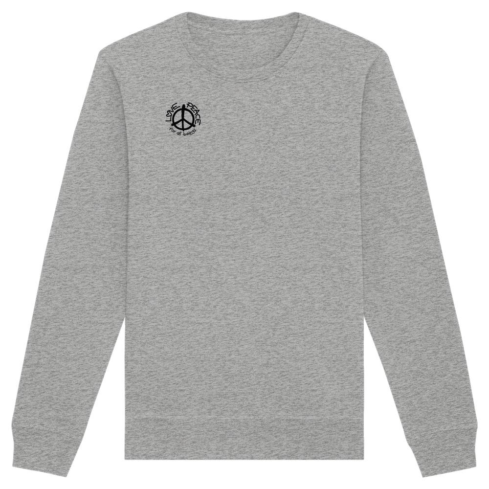 Vegan und Bio Unisex Sweatshirt: LOVE and PEACE for all beings, heather-grau, langärmelig, mit Friedenssymbol und Botschaft „Live Peace for all beings“ auf der Brust.