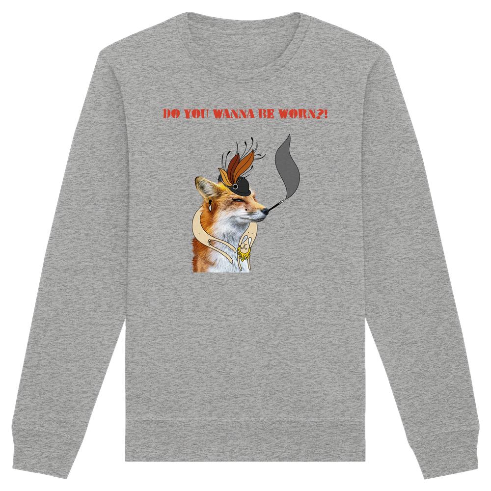 Vegan und Bio Unisex Sweatshirt: Mrs. Fox demonstriert gegen Pelz! Graues Sweatshirt mit illustriertem Fuchs in Hut und Schal, thematisiert Tierrechte und rebellisches Design.
