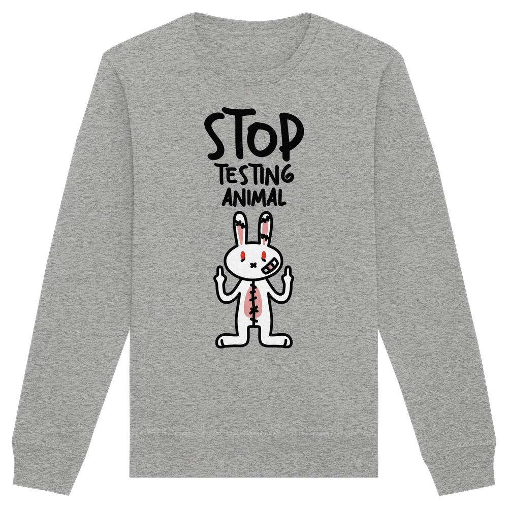 Vegan und Bio: Angry Rabbit - Animal Rights - Organic Basic Unisex Sweatshirt mit wütendem Cartoon-Hasen und STOP TESTING ANIMAL-Slogan, gegen Tierversuche.