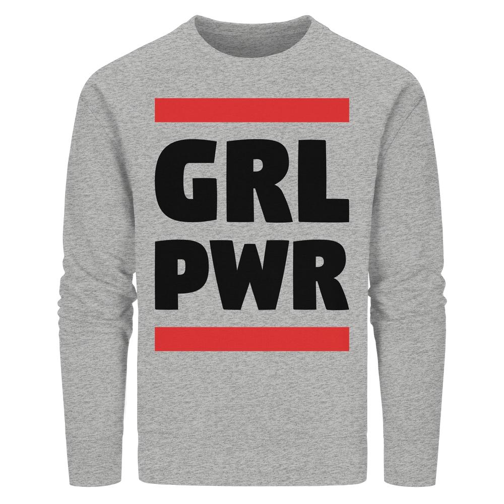 Vegan und Bio Unisex Sweatshirt mit GRL PWR-Design, heather-gray mit roten Balken; Material: 85% Bio-Baumwolle, 15% recyceltes Polyester; normale Passform, hergestellt von RUDE REBEL.