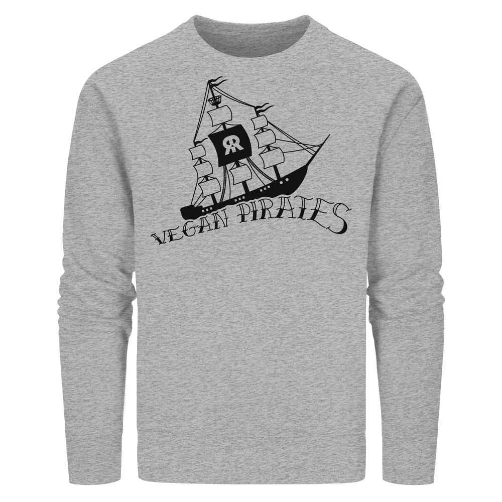 Langarm-Sweatshirt Vegan und Bio Unisex: Vegan Pirates mit Segelschiff-Grafik und Logo, aus Bio-Baumwolle und recyceltem Polyester, normaler Schnitt, von RUDE REBEL.