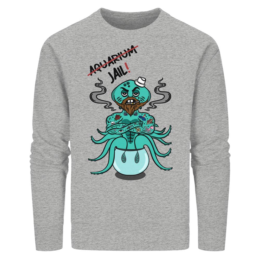 Vegan und Bio Unisex Sweatshirt: Animal Rights - Aquarium=Jail! zeigt einen wütenden, bärtigen Oktopus-Mann in einem Fischglas, symbolisiert Tierrechte und Gefangenschaftskritik.