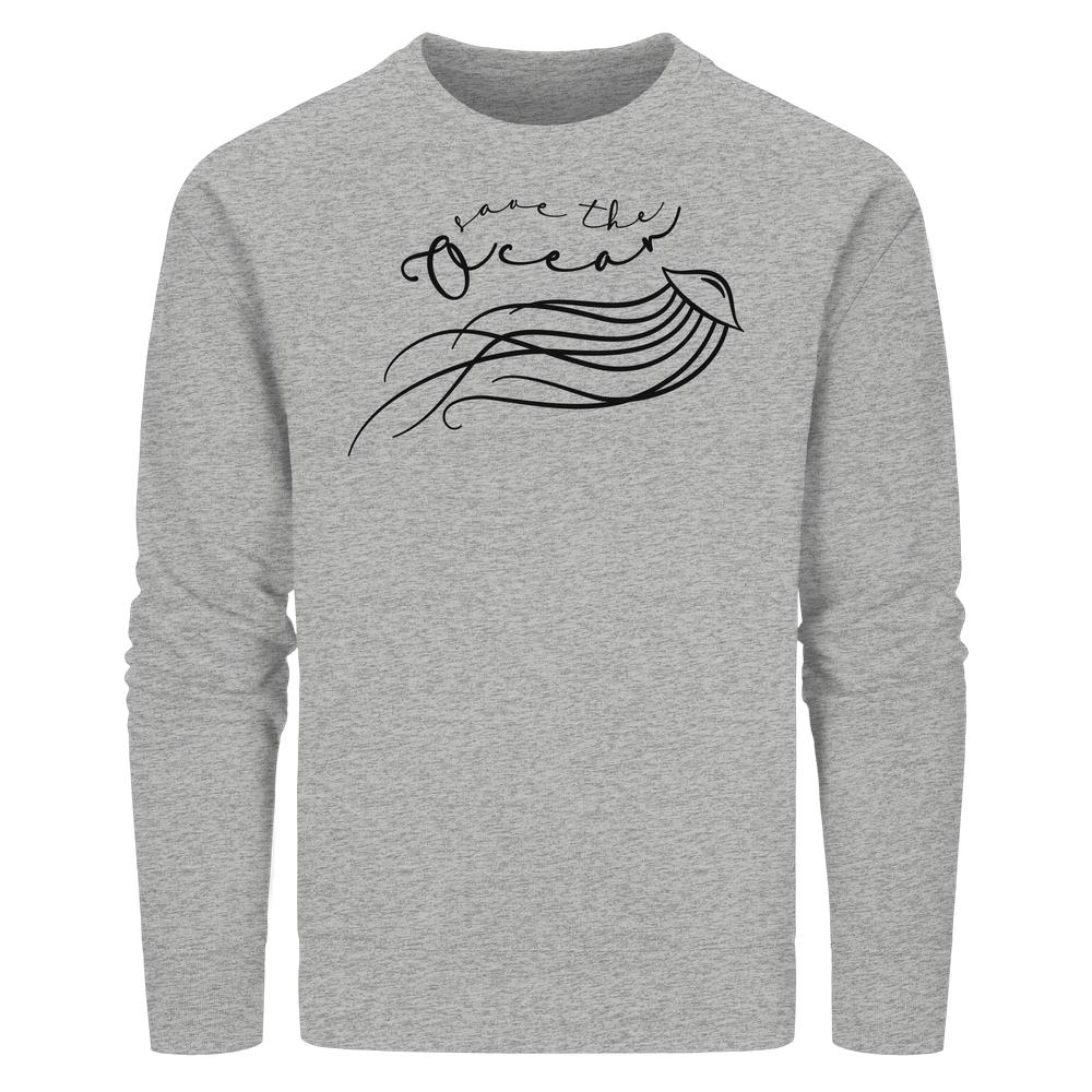 Vegan und Bio Unisex Sweatshirt: Jellyfish - Save the Ocean zeigt filigrane Qualle und Slogan, betont Umweltschutz. Hergestellt aus Bio-Baumwolle und recyceltem Polyester.