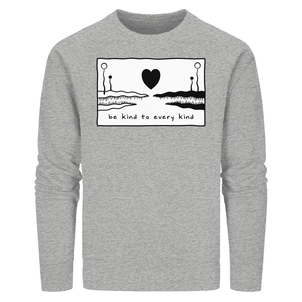 Vegan und Bio Unisex Sweatshirt: Be kind to every kind mit abstraktem Tiermotiv und Herz, aus Bio-Baumwolle und recyceltem Polyester, von RUDE REBEL.