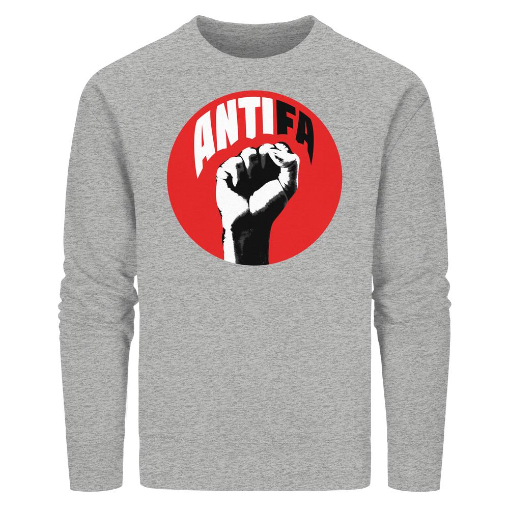 Vegan und Bio Unisex Sweatshirt: Antifa - Kampf gegen Rechts, heather-graues Sweatshirt mit rotem Kreis und schwarzer Faust, ANTIFA Schriftzug, nachhaltiges Design von RUDE REBEL.