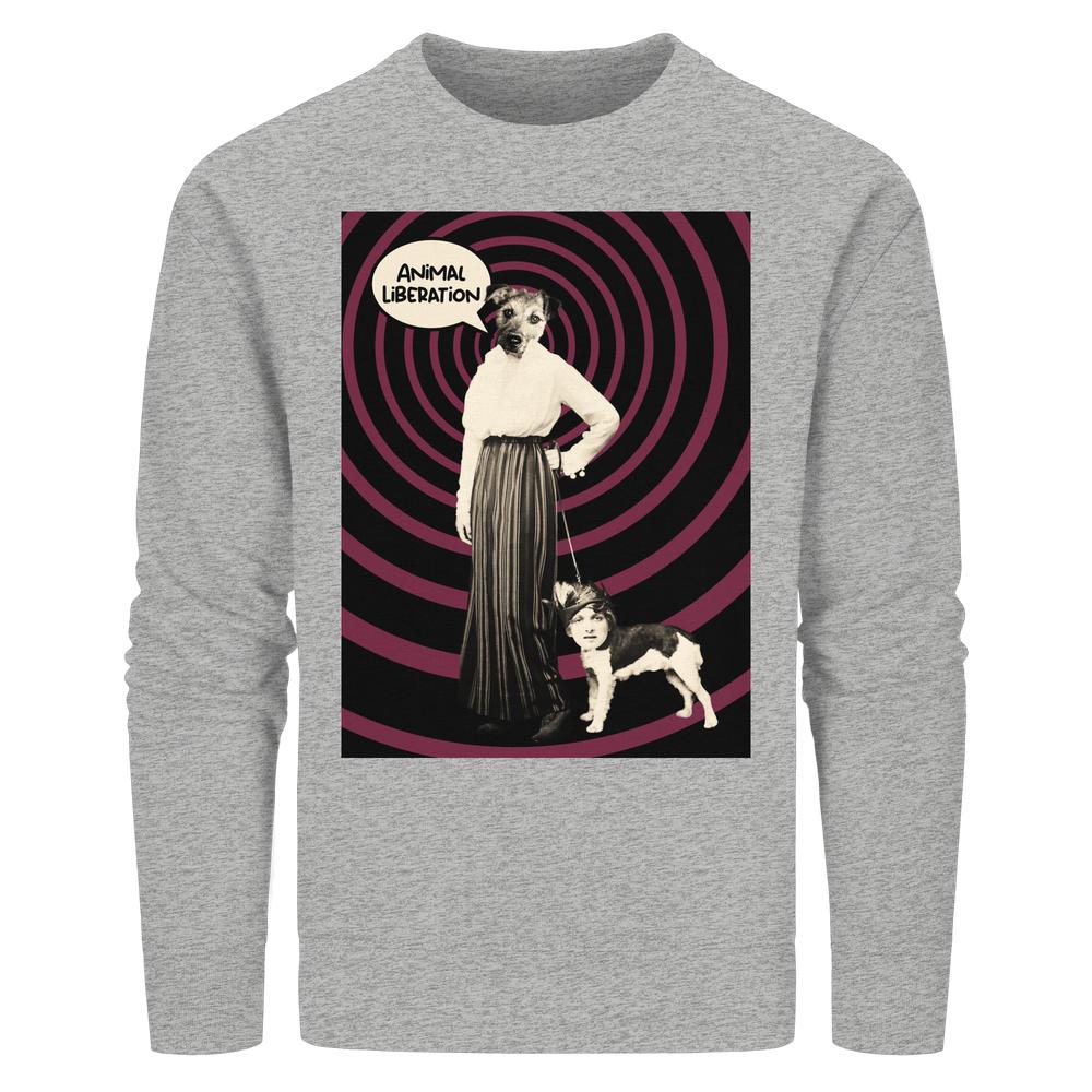 Vegan und Bio Unisex Sweatshirt: Upside Down - Animal Liberation, graues Langarmshirt mit surrealem Collagenmotiv, thematisiert Identität und Tierrechte, aus Bio-Baumwolle und recyceltem Polyester.