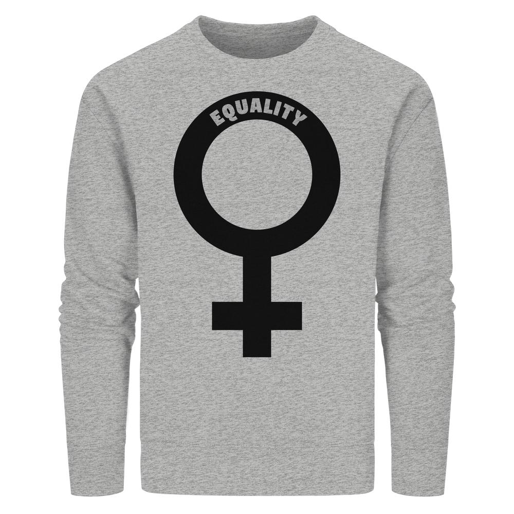 Vegan und Bio Unisex Sweatshirt mit Venussymbol und EQUALITY-Schriftzug, heather-grau, langärmelig, aus Bio-Baumwolle und recyceltem Polyester, normaler Schnitt, rebellisches Design.