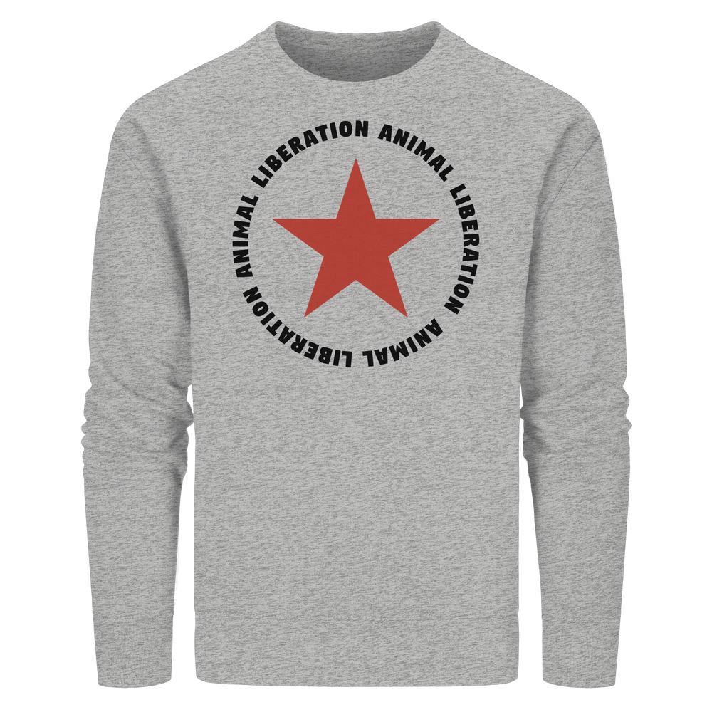 Vegan und Bio Unisex Sweatshirt: Red Star and Animal Liberation, heather-graues Langarmshirt mit rotem Stern und dreifachem ANIMAL LIBERATION-Schriftzug in Schwarz auf der Brust.