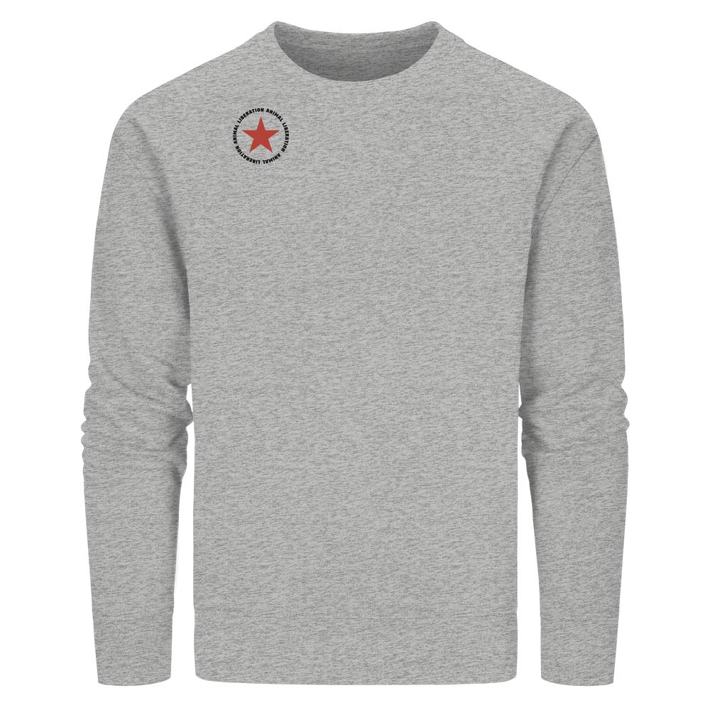 Vegan und Bio Unisex Sweatshirt in Heather-Grau mit rotem Stern und ANIMAL LIBERATION Schriftzug; nachhaltiges Design aus Bio-Baumwolle und recyceltem Polyester.