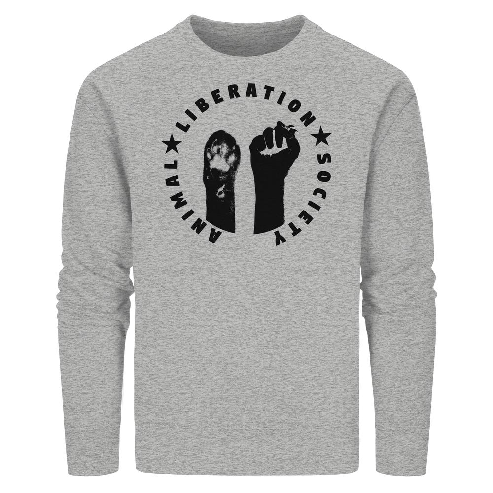 Heather-graues Unisex-Sweatshirt mit ANIMAL LIBERATION SOCIETY-Logo: Tierpfote und menschliche Faust erhoben. Veganes, nachhaltiges Design aus Bio-Baumwolle und recyceltem Polyester.