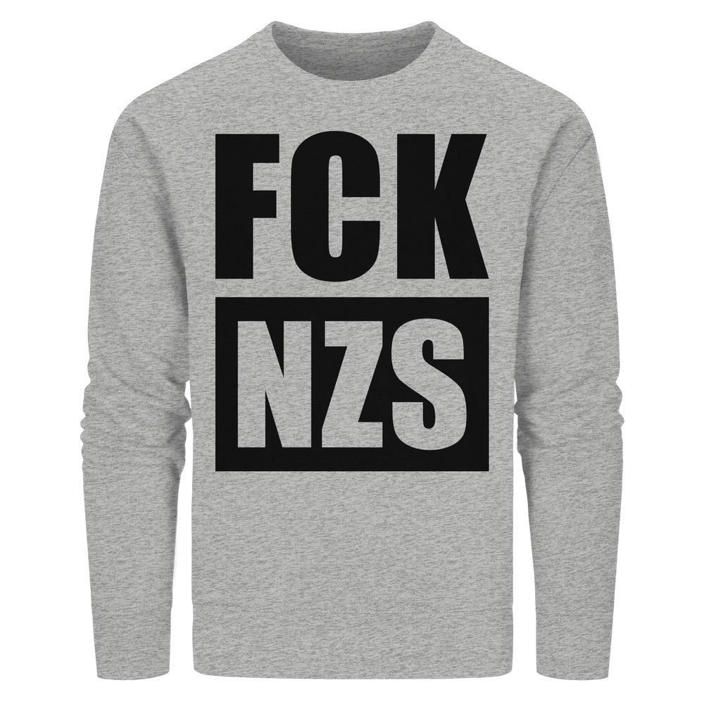 Vegan und Bio Unisex Sweatshirt: FCK NZS, heather-grau, langärmelig, mit schwarzem, zweizeiligem Slogan FCK und NZS vorne, rebellisches Design gegen Rechts.