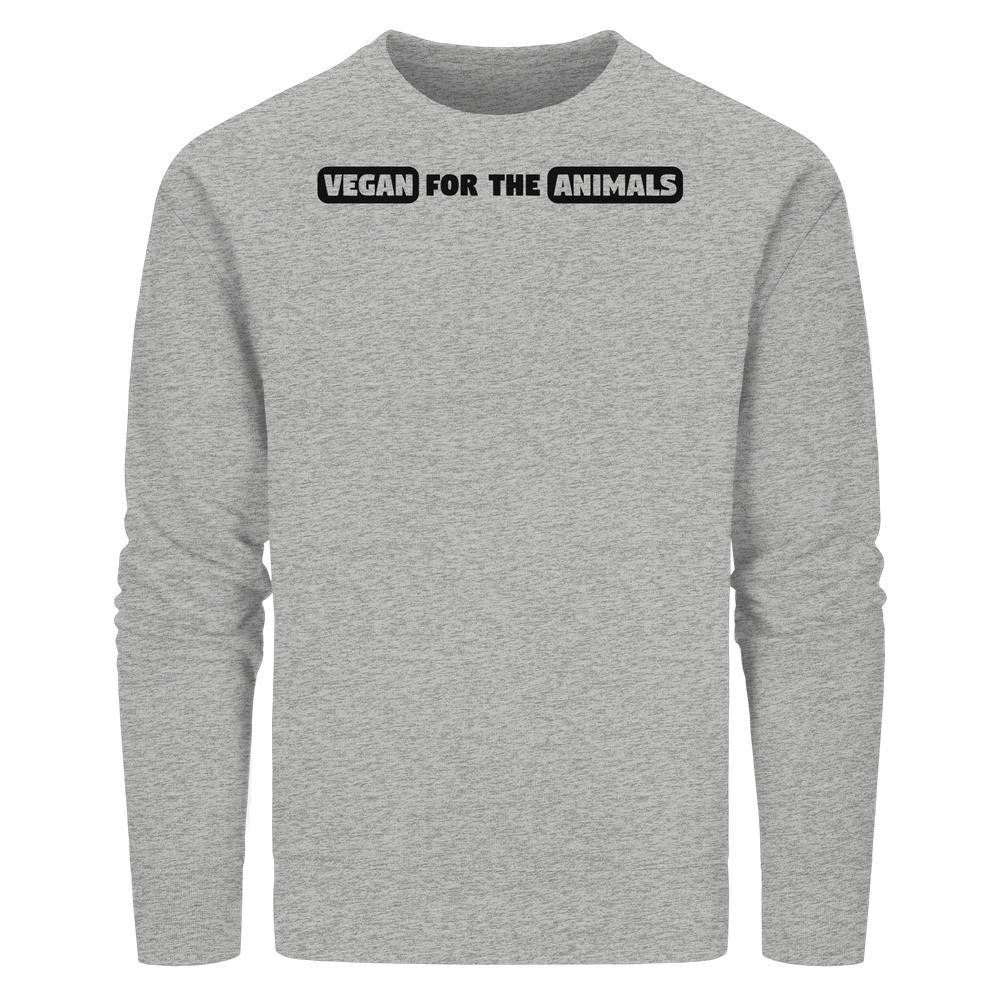 Heather-graues Langarmshirt mit dem Slogan VEGAN FOR THE ANIMALS in schwarzer Schrift auf der Brust. Hergestellt aus Bio-Baumwolle und recyceltem Polyester.