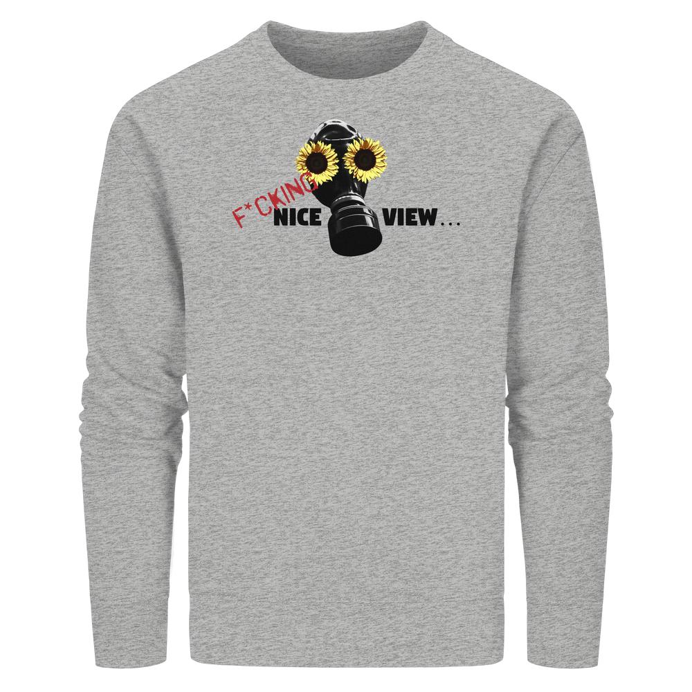 Vegan und Bio Unisex Sweatshirt: Sunflower Mask - F*cking nice view. Heather-graues Sweatshirt mit Gasmaske und Sonnenblumen-Design, rebellisch und nachhaltig von RUDE REBEL.