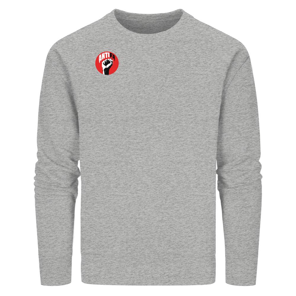 Vegan und Bio Unisex Sweatshirt: Antifa - Gemeinsam gegen Rechts. Graues Langarmshirt mit rotem Emblem und schwarzer Faust, steht für Liebe, Freiheit und Demokratie.