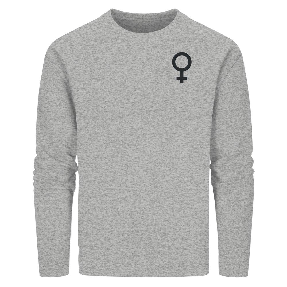 Heather-graues, langärmliges Bio-Sweatshirt mit schwarzem Venussymbol auf der Brust, verkörpert feministischen Kampf und nachhaltige Werte der veganen Marke RUDE REBEL.