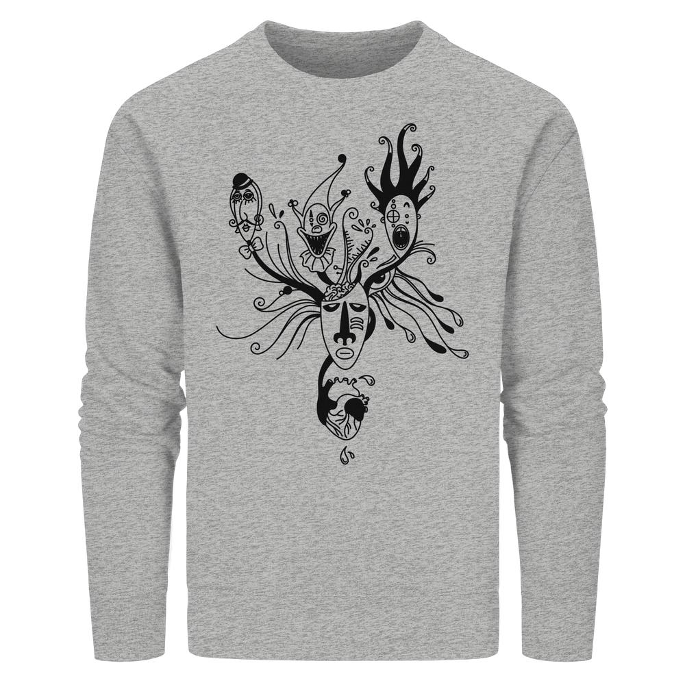 Vegan und Bio Unisex Sweatshirt: Mental Health - Behind the Mask..., graues Langarmshirt mit surrealem schwarzen Grafikdesign aus Gesichtern und Tentakeln, aus Bio-Baumwolle und recyceltem Polyester.