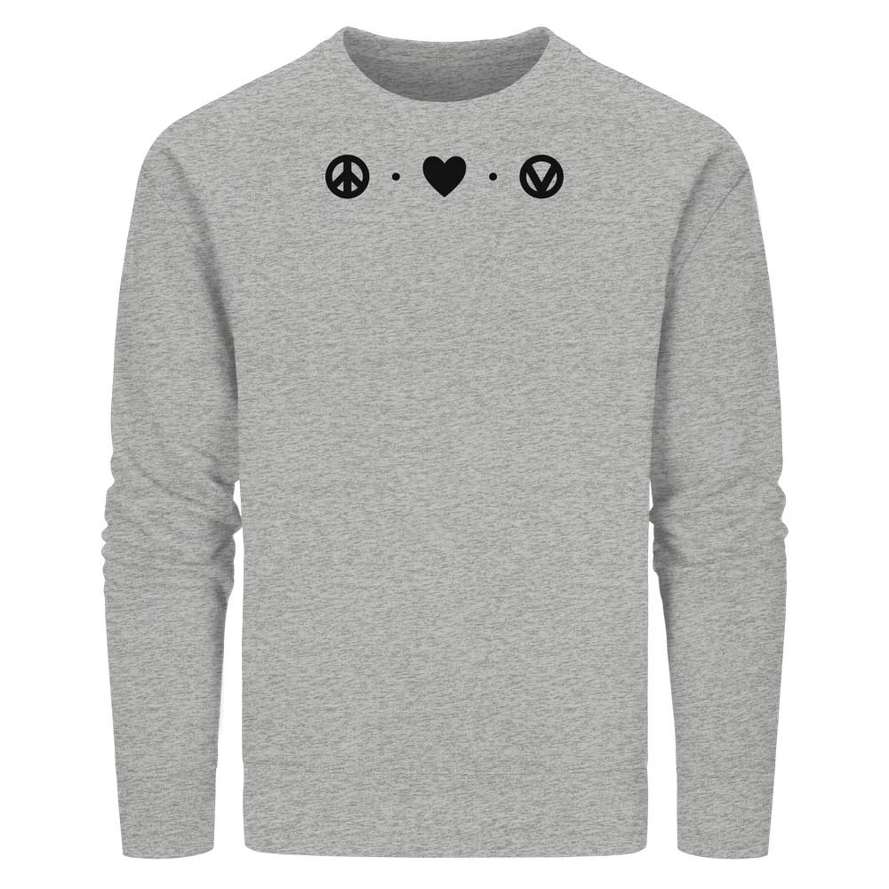 Unisex Sweatshirt mit Peace - Love - Veganism-Design, heather-grau, langärmelig, mit Symbolen für Frieden, Liebe und Veganismus auf der Brust. Nachhaltig aus Bio-Baumwolle und recyceltem Polyester.