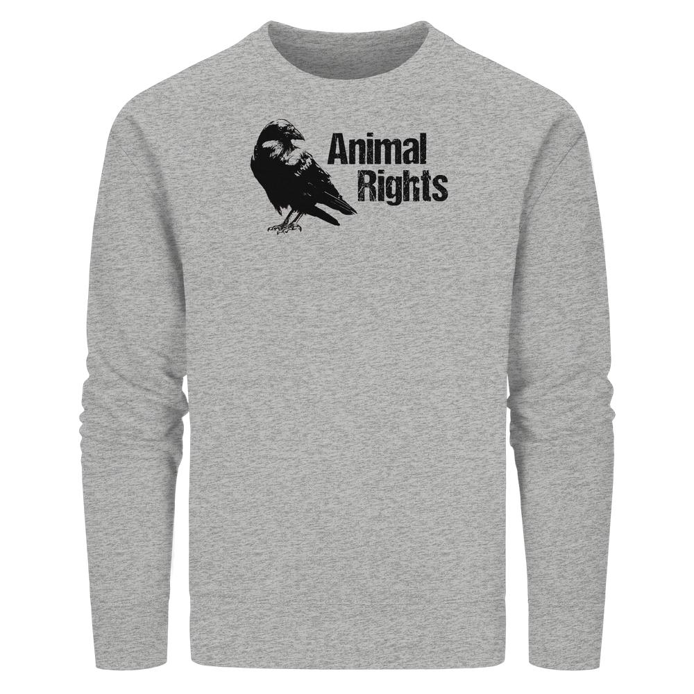 Vegan und Bio Unisex Sweatshirt: Raven - Animal Rights. Heather-graues Sweatshirt mit Raben-Silhouette und Animal Rights-Schriftzug, aus Bio-Baumwolle und recyceltem Polyester, normale Passform.