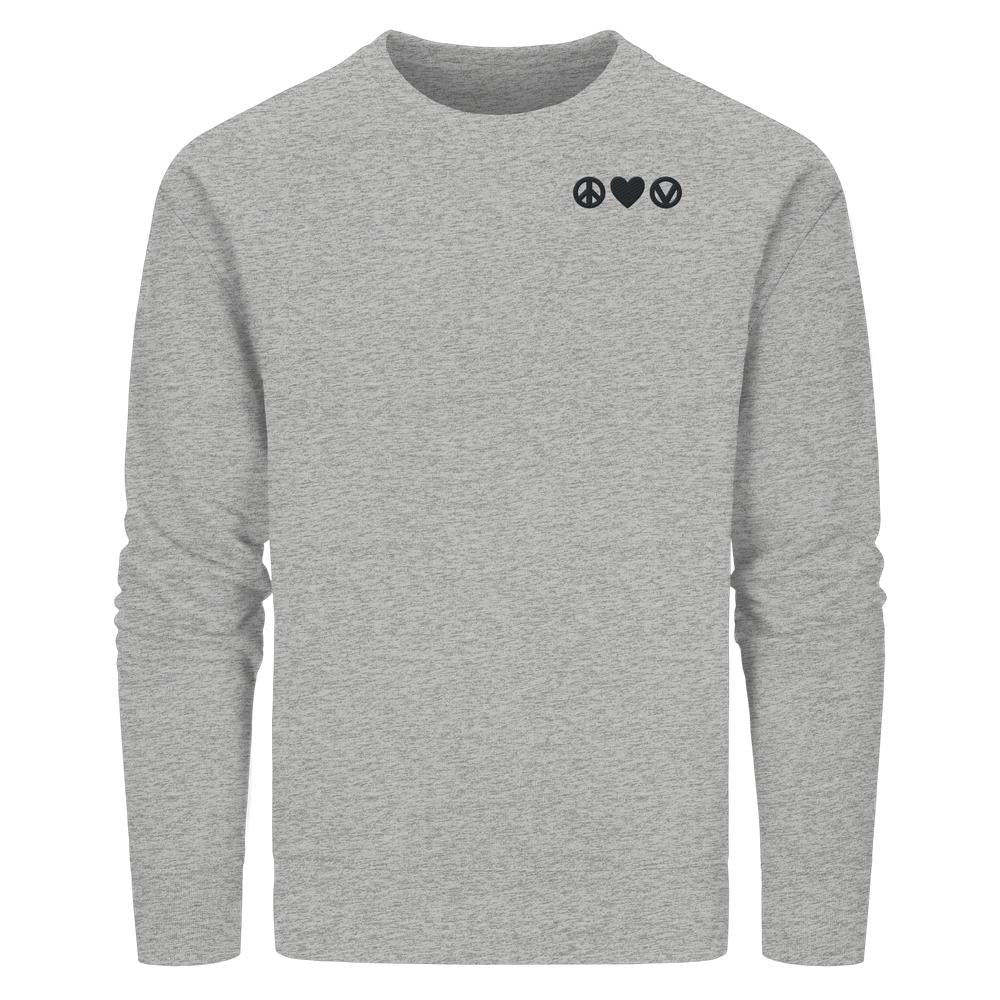 Vegan und Bio Sweatshirt bestickt: Peace - Love - Veganism, zeigt drei schwarze Symbole auf hellgrauem Stoff. Nachhaltiges Design von RUDE REBEL, normaler Schnitt, Bio-Baumwolle.