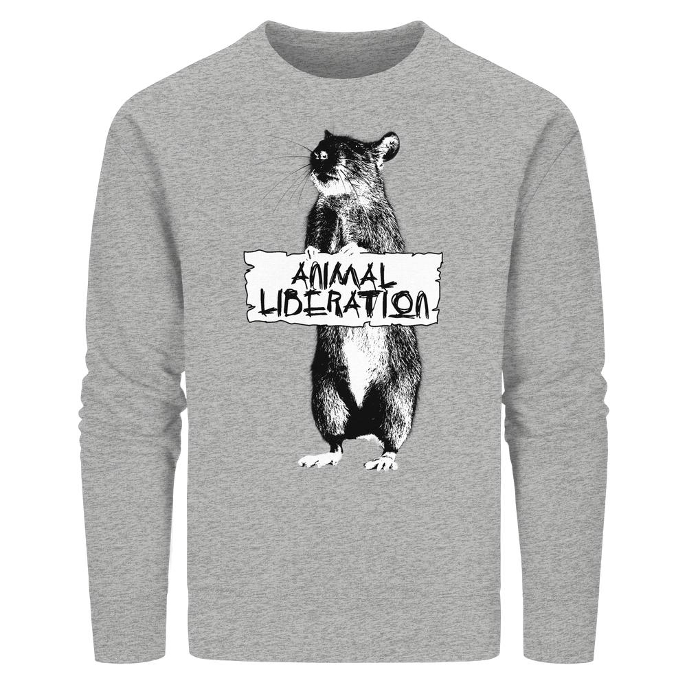 Vegan und Bio Unisex Sweatshirt: Rat for Animal Liberation mit Banksy-inspirierter Collage eines Nagetiers mit ANIMAL LIBERATION-Schild, aus Bio-Baumwolle und recyceltem Polyester.