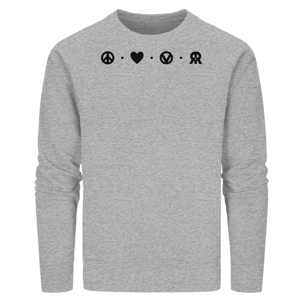 Vegan und Bio Unisex Sweatshirt: Peace - Love - Veganism - RUDE REBEL mit ikonischen Symbolen, die friedliche, liebevolle und rebellische Werte verkörpern.