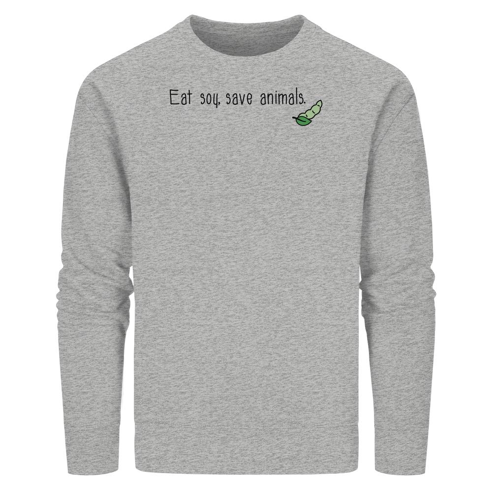 Heather-graues Unisex Sweatshirt mit Aufdruck “Eat soy, save animals” und zwei grünen Sojapods, aus Bio-Baumwolle und recyceltem Polyester, von RUDE REBEL.
