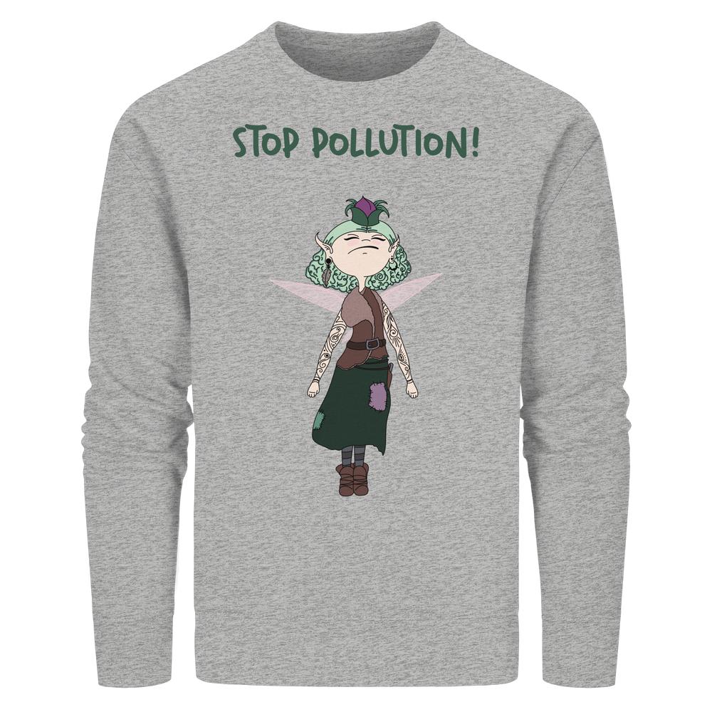 Vegan und Bio Unisex Sweatshirt: STOP POLLUTION! - Krawall Fee zeigt eine Elfe mit grünen Haaren, pinken Flügeln, in grünem Rock, braunem Top und Boots.